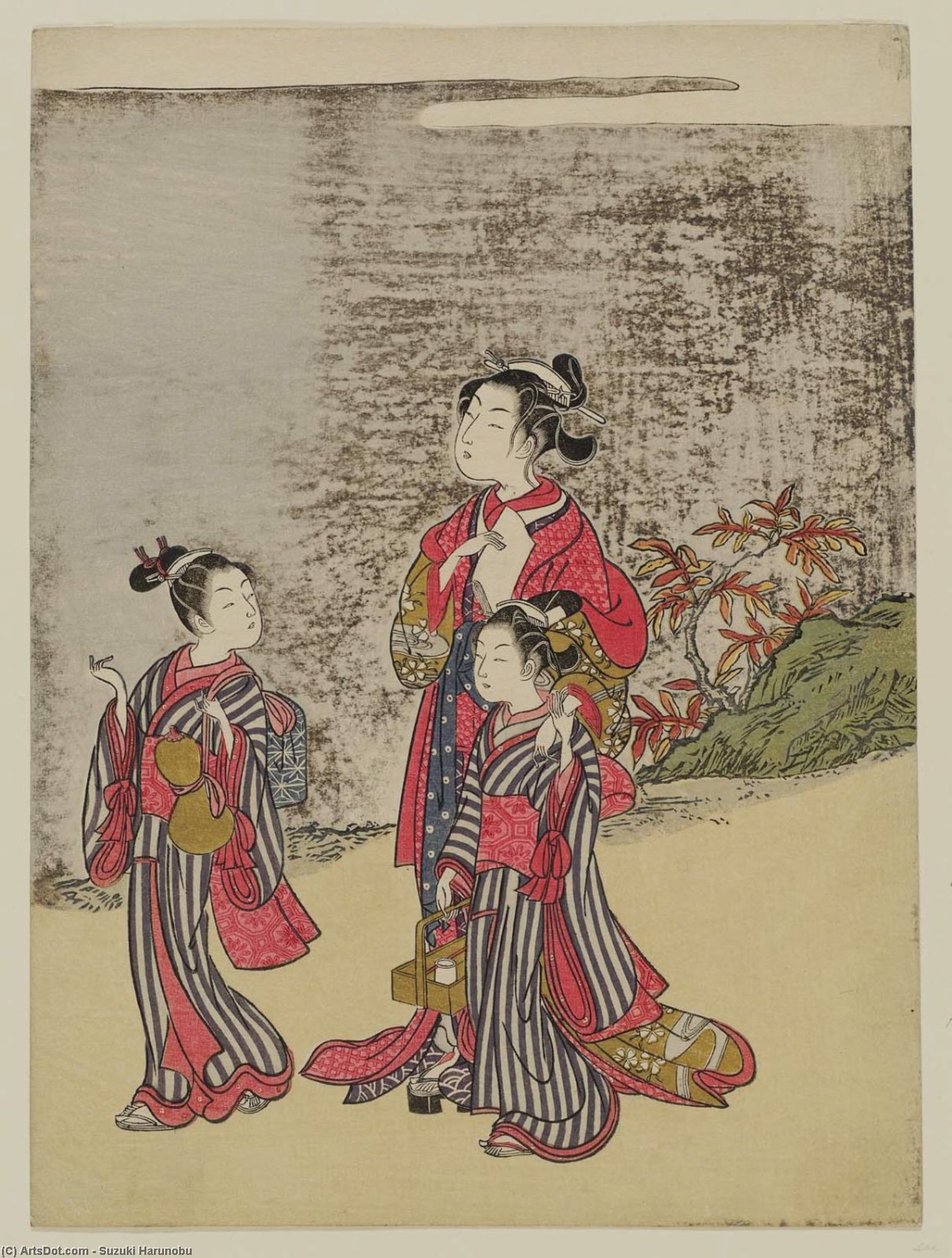 WikiOO.org - Encyclopedia of Fine Arts - Maalaus, taideteos Suzuki Harunobu - Courtesan And Two Kamuro On A Spring Outing