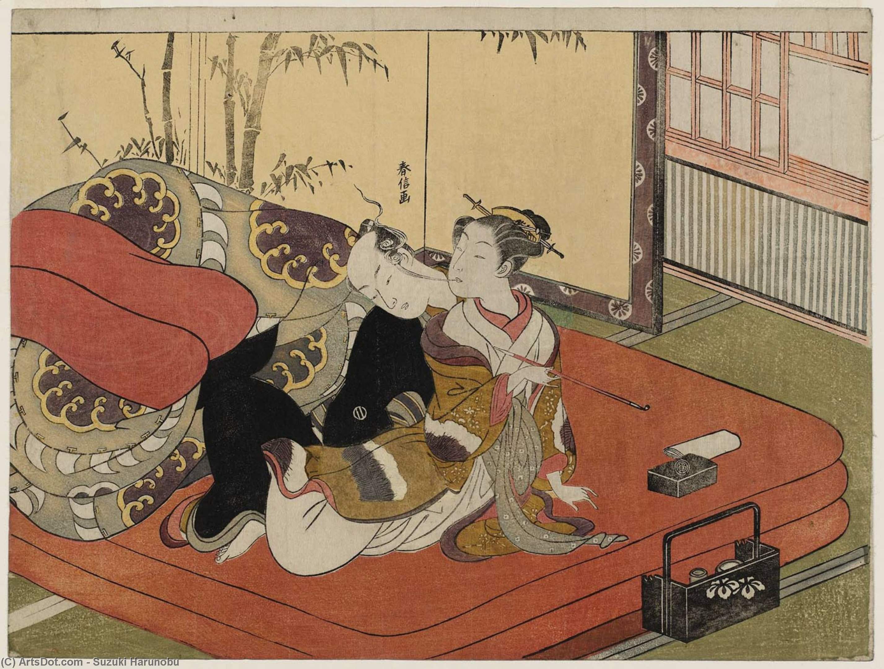 Wikioo.org - The Encyclopedia of Fine Arts - Painting, Artwork by Suzuki Harunobu - Courtesan Blowing Smoke In Man's Face