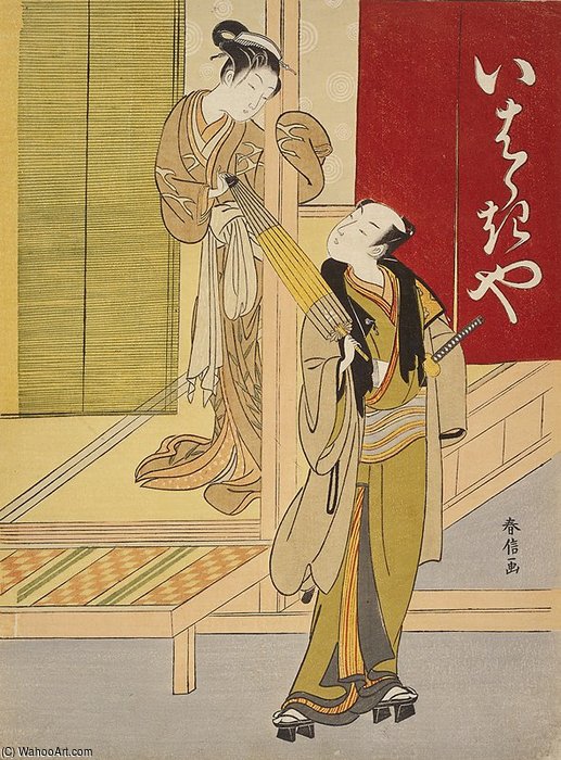 Wikioo.org - The Encyclopedia of Fine Arts - Painting, Artwork by Suzuki Harunobu - Courtesan Detaining A Young Man As A Mitate Of Ibaraki And Watanabe No Tsuna