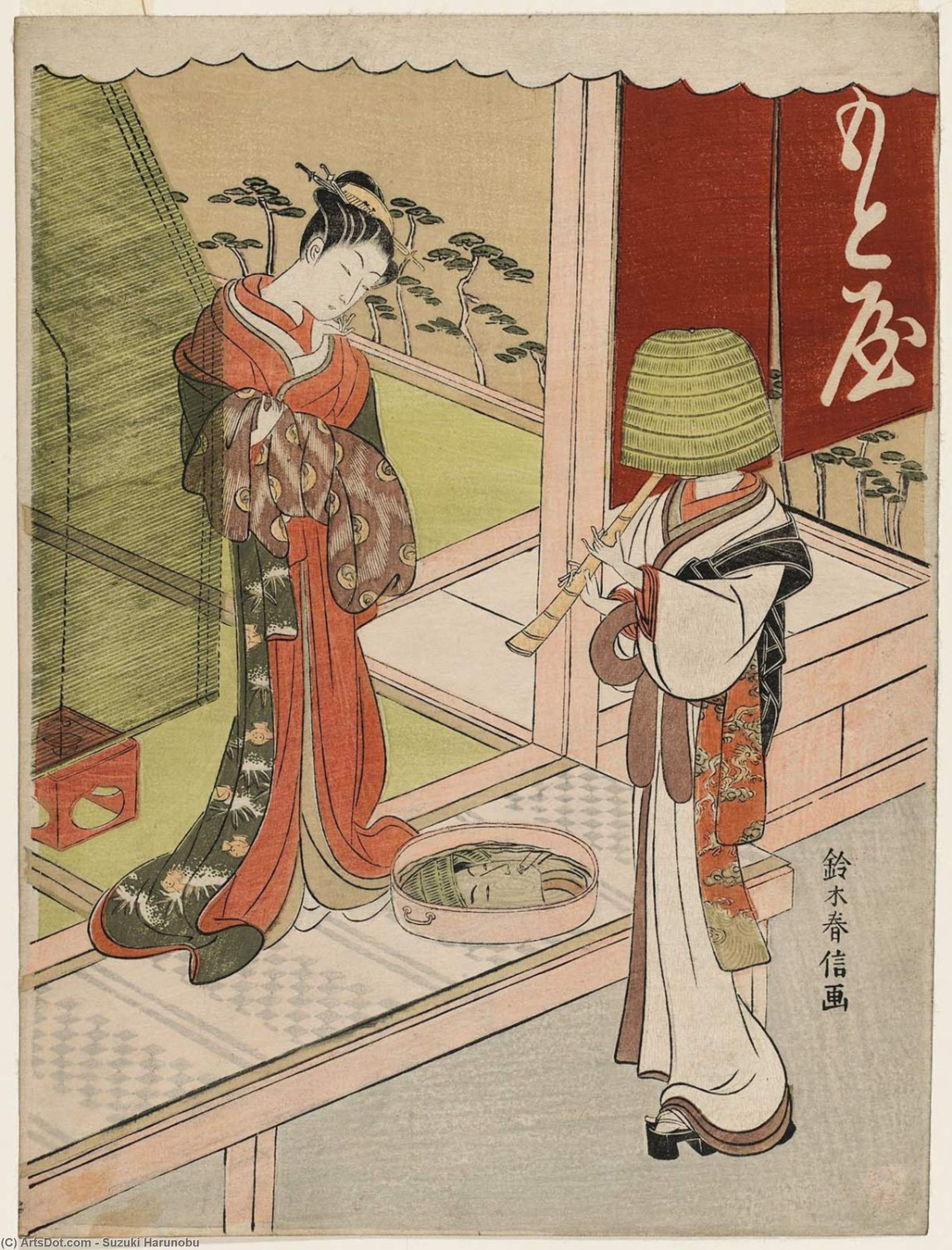 Wikioo.org - The Encyclopedia of Fine Arts - Painting, Artwork by Suzuki Harunobu - Courtesan Of The Motoya Looking At The Face Of A Komusô Reflected In Water