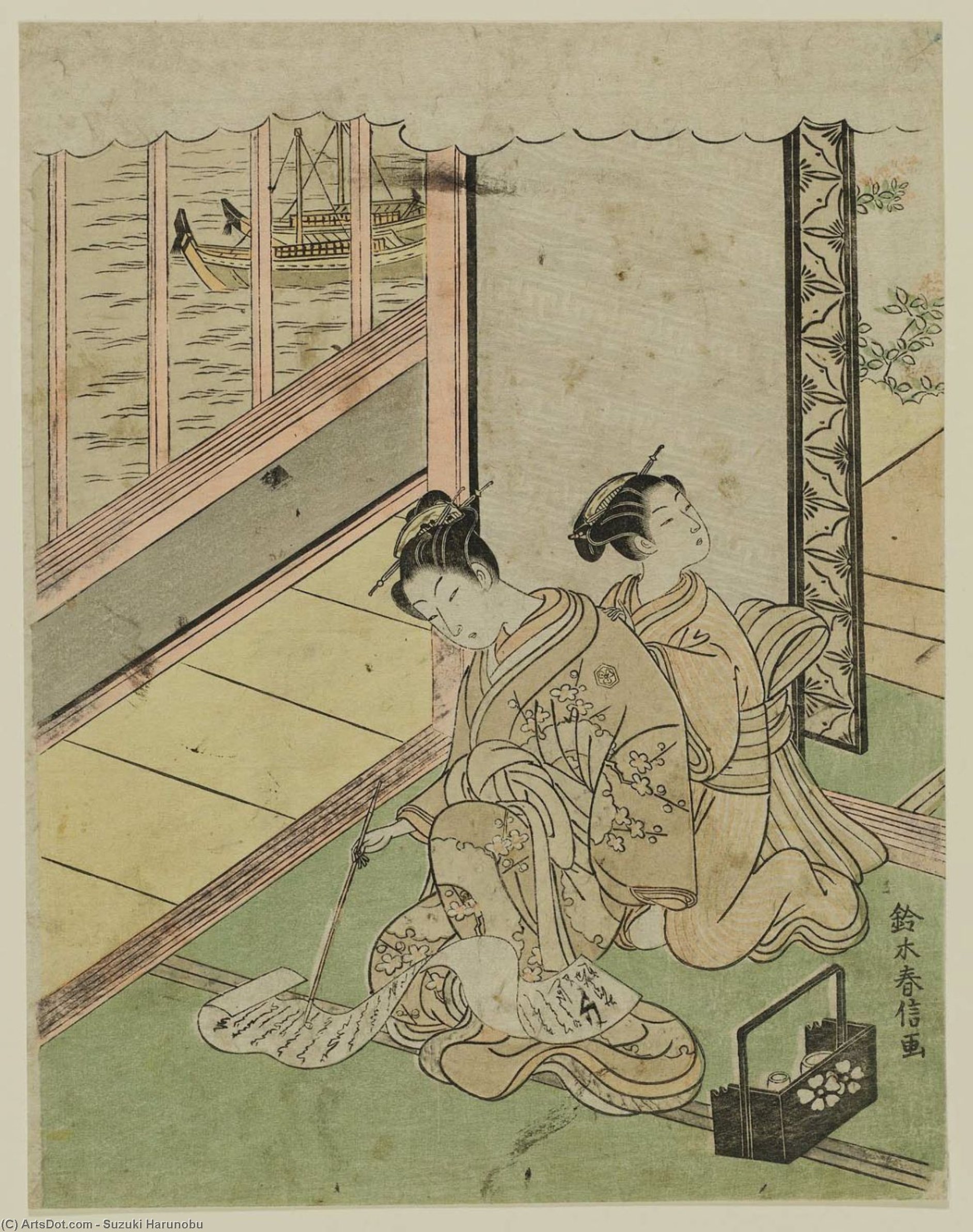 Wikioo.org - The Encyclopedia of Fine Arts - Painting, Artwork by Suzuki Harunobu - Courtesan Reading A Letter While Being Massaged