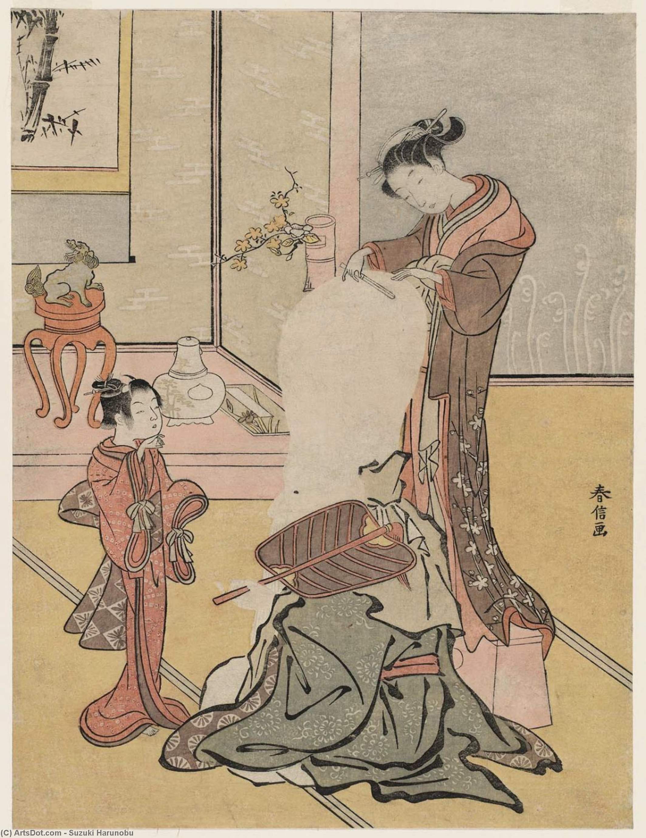 Wikioo.org - The Encyclopedia of Fine Arts - Painting, Artwork by Suzuki Harunobu - Courtesan Shaving The Head Of Fukurokuju