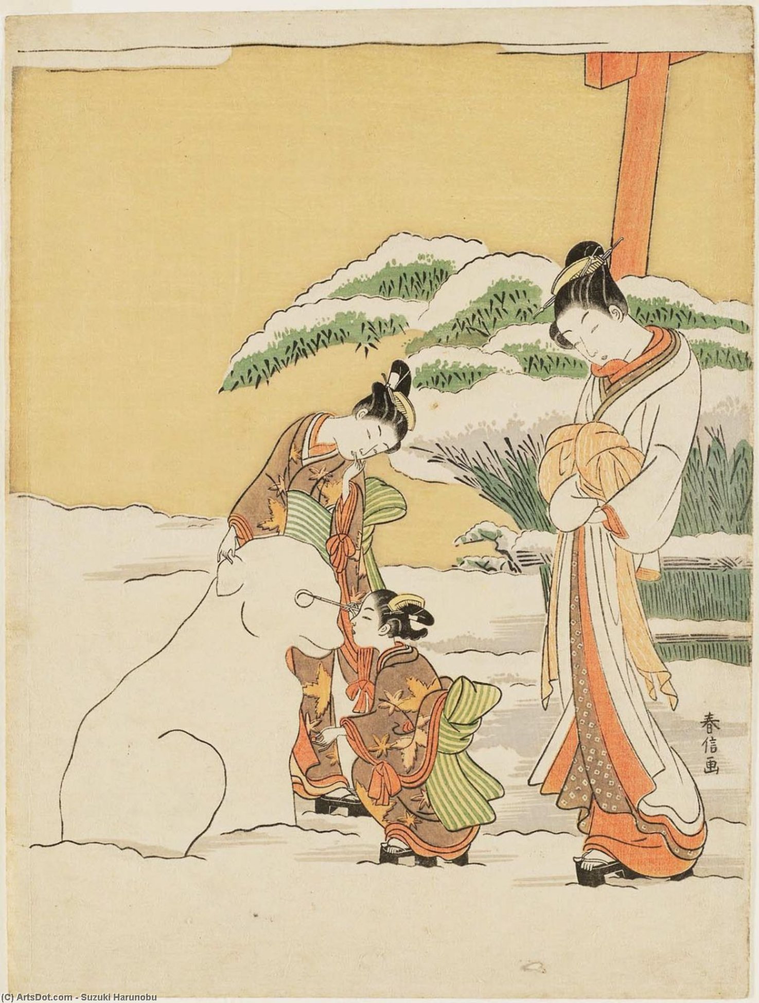 WikiOO.org - Encyclopedia of Fine Arts - Festés, Grafika Suzuki Harunobu - Courtesan Watching Two Kamuro Make A Snow Dog