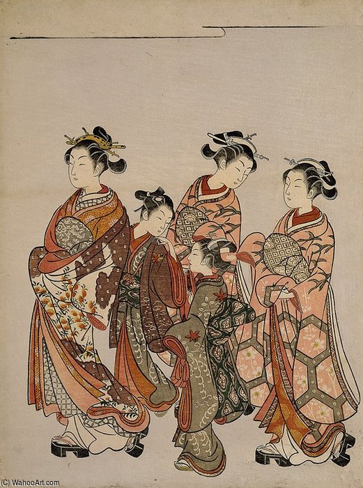 Wikioo.org - The Encyclopedia of Fine Arts - Painting, Artwork by Suzuki Harunobu - Courtesan With Attendants On Parade