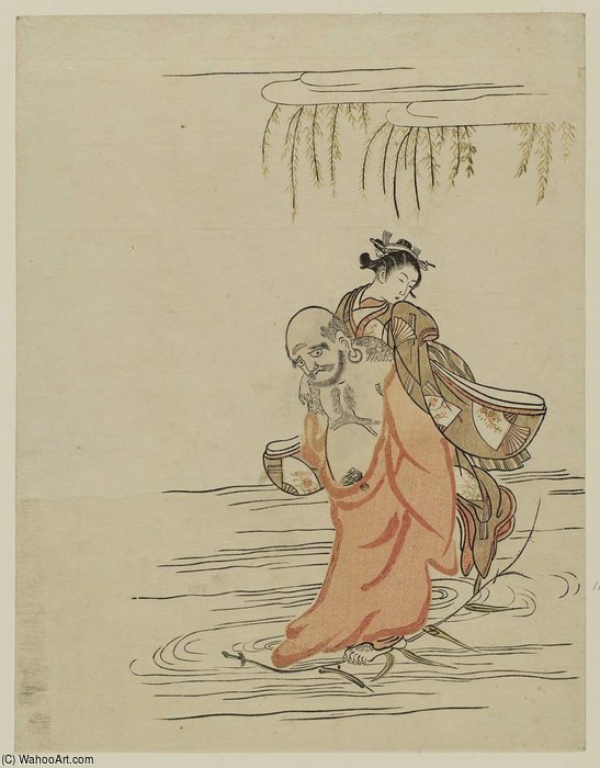 Wikioo.org - The Encyclopedia of Fine Arts - Painting, Artwork by Suzuki Harunobu - Daruma Carrying A Woman On His Back