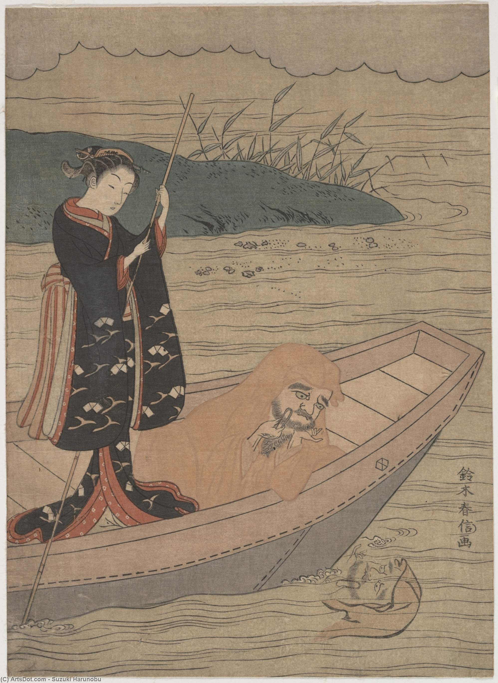 Wikoo.org - موسوعة الفنون الجميلة - اللوحة، العمل الفني Suzuki Harunobu - Daruma In A Boat With An Attendant