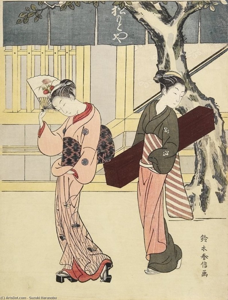 Wikioo.org - The Encyclopedia of Fine Arts - Painting, Artwork by Suzuki Harunobu - Entertainer And Her Attendant In Front Of Matsumoto-ya