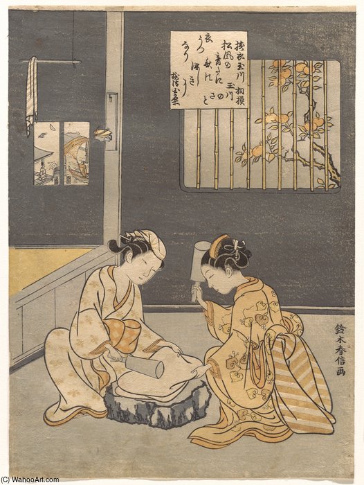 Wikioo.org - The Encyclopedia of Fine Arts - Painting, Artwork by Suzuki Harunobu - Fulling Cloth At The Jewel River