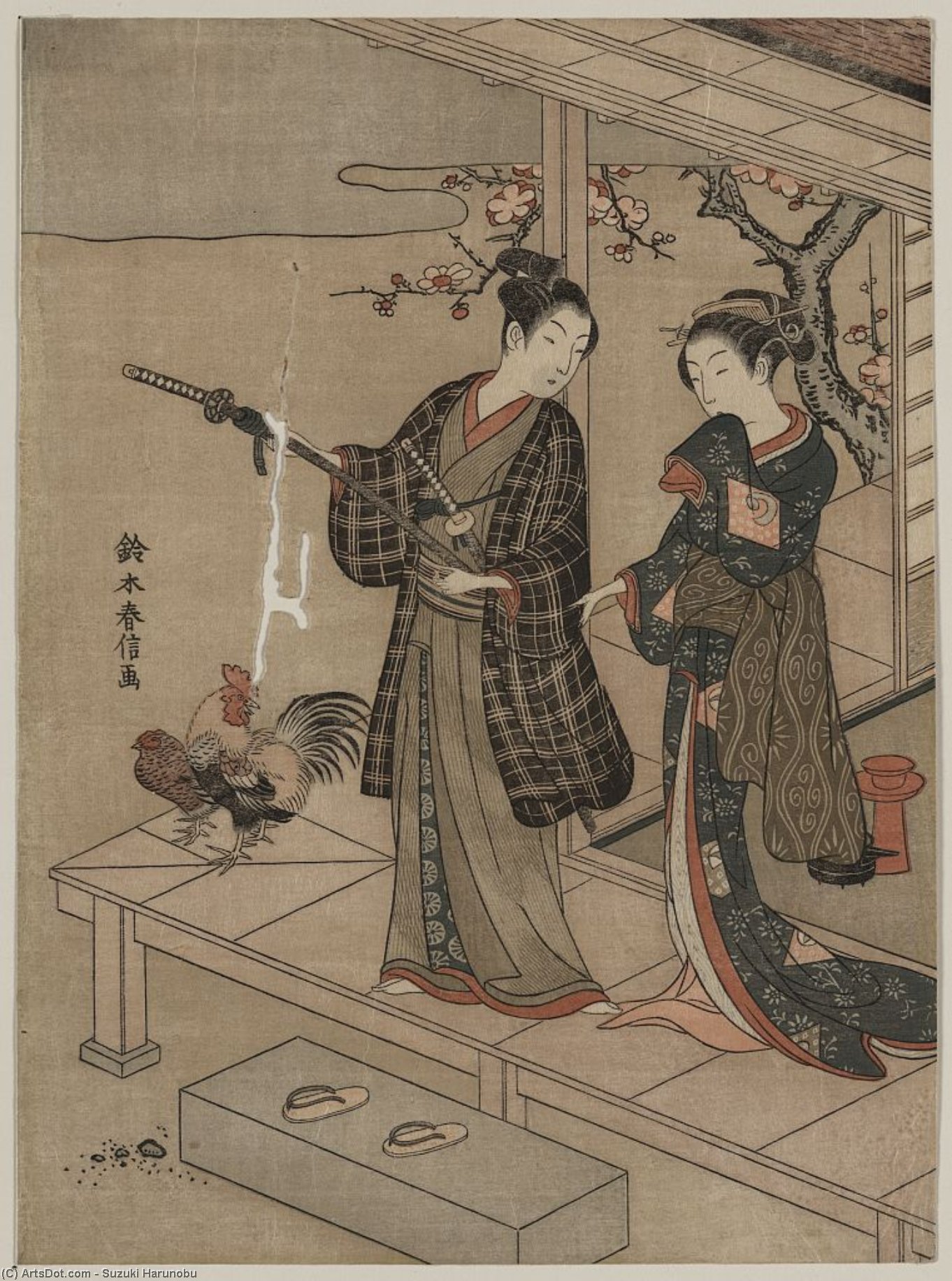 Wikioo.org - The Encyclopedia of Fine Arts - Painting, Artwork by Suzuki Harunobu - Gentleman Taking Leave Of His Lady On A Veranda