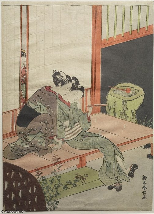 Wikioo.org - สารานุกรมวิจิตรศิลป์ - จิตรกรรม Suzuki Harunobu - Girl Embracing Lover On Verandah