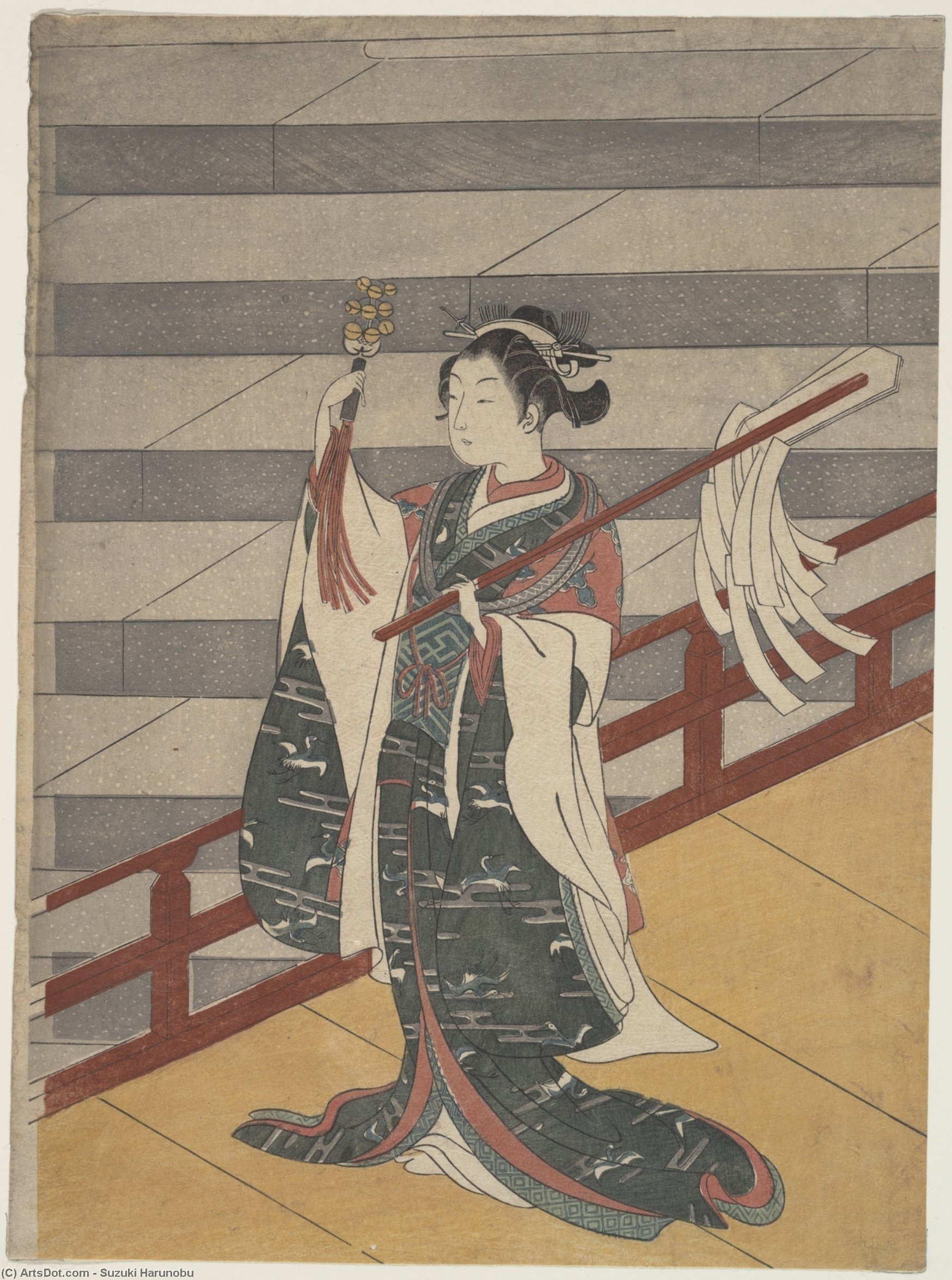 Wikioo.org - The Encyclopedia of Fine Arts - Painting, Artwork by Suzuki Harunobu - Girl On Balcony Above Stone Stairway