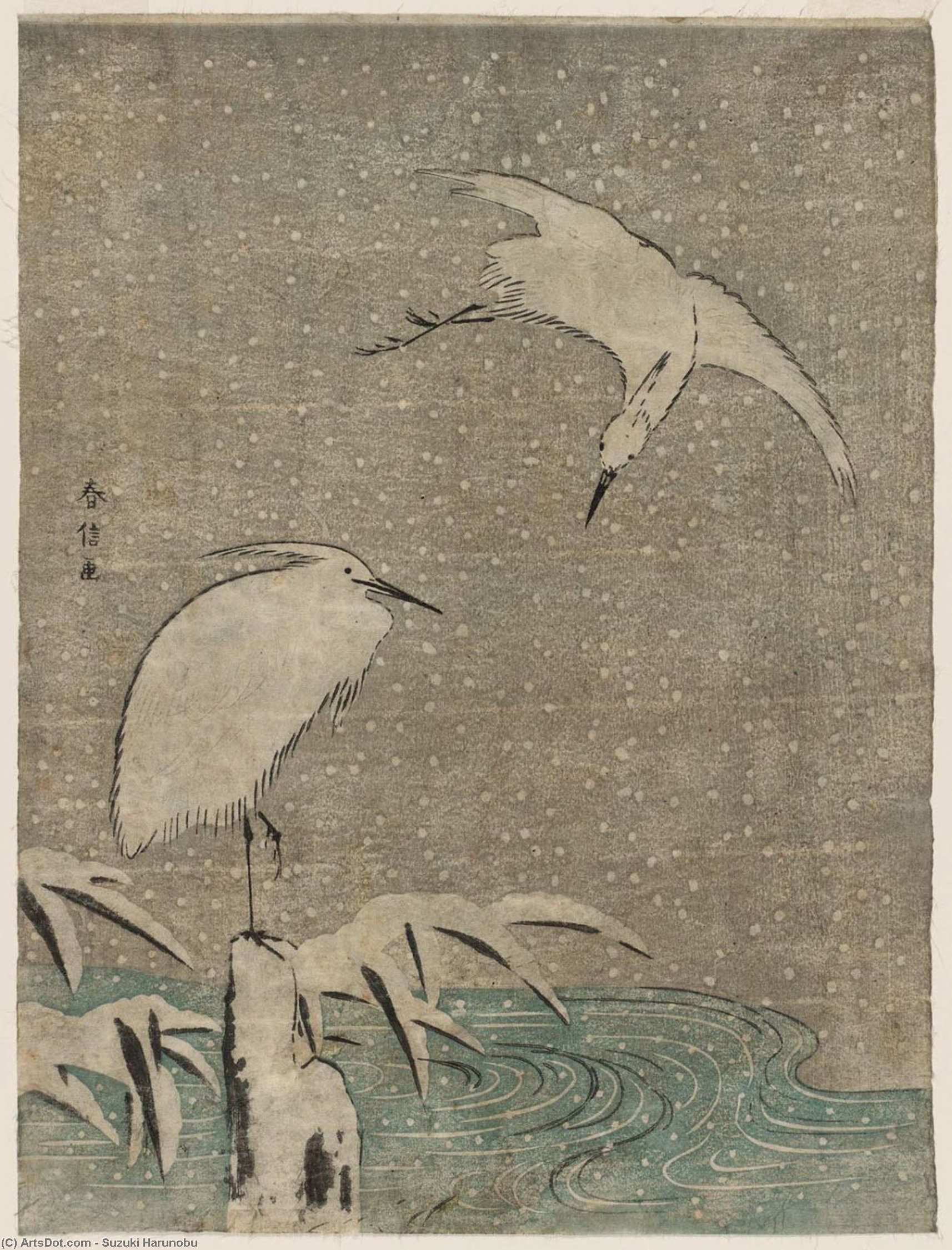 WikiOO.org - Encyclopedia of Fine Arts - Maleri, Artwork Suzuki Harunobu - Herons In Snow
