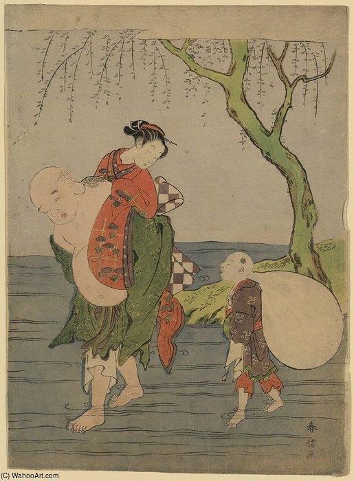Wikioo.org - The Encyclopedia of Fine Arts - Painting, Artwork by Suzuki Harunobu - Hotei Carrying A Young Girl Piggyback