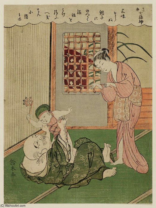 Wikioo.org - The Encyclopedia of Fine Arts - Painting, Artwork by Suzuki Harunobu - Hotei Playing With A Child