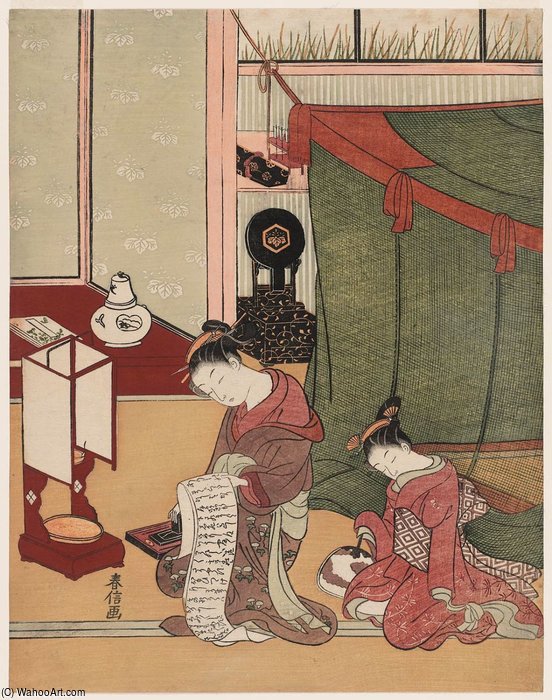 Wikioo.org - The Encyclopedia of Fine Arts - Painting, Artwork by Suzuki Harunobu - Kamuro Dozing And Courtesan Reading A Letter