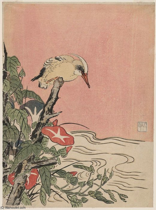 WikiOO.org - Encyclopedia of Fine Arts - Malba, Artwork Suzuki Harunobu - Kingfisher And Morning Glories