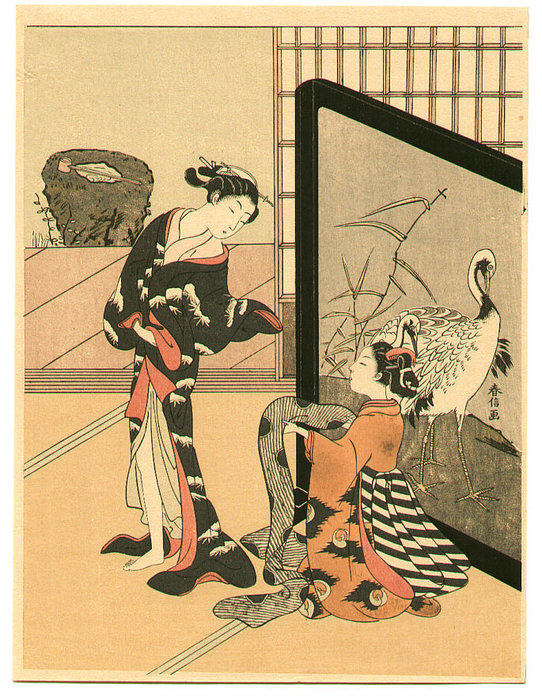 Wikioo.org - The Encyclopedia of Fine Arts - Painting, Artwork by Suzuki Harunobu - Ladies And Crane Screen