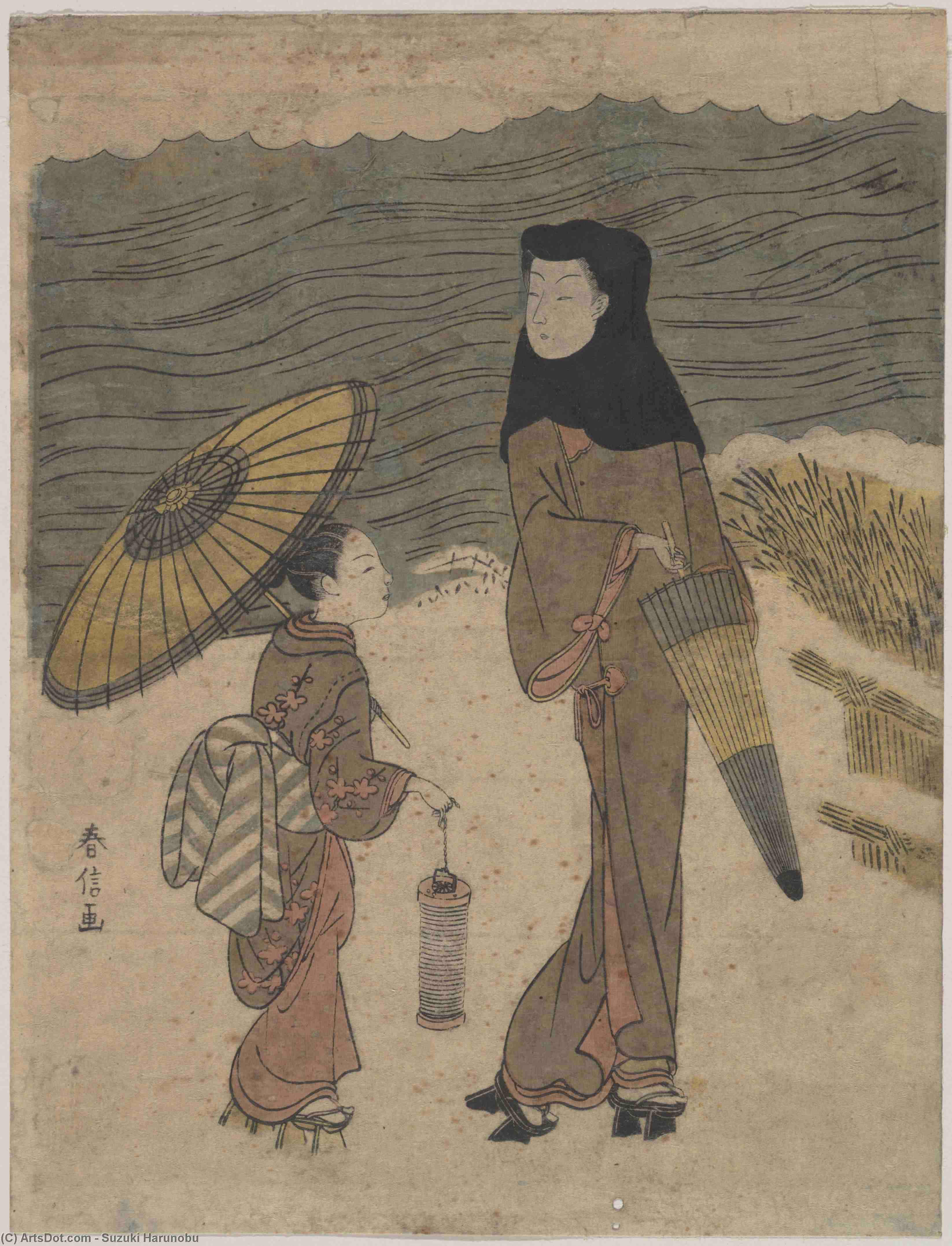 Wikioo.org - The Encyclopedia of Fine Arts - Painting, Artwork by Suzuki Harunobu - Lady With Black Hood And Umbrella Out Walking With Young Attendant
