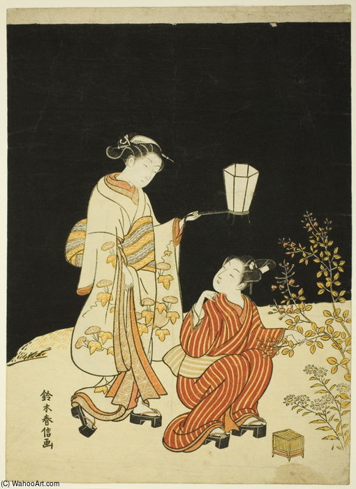 Wikioo.org - The Encyclopedia of Fine Arts - Painting, Artwork by Suzuki Harunobu - Looking For Crickets At Night