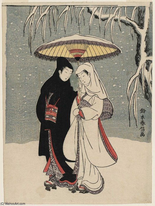 Wikioo.org - The Encyclopedia of Fine Arts - Painting, Artwork by Suzuki Harunobu - Lovers Under An Umbrella In The Snow