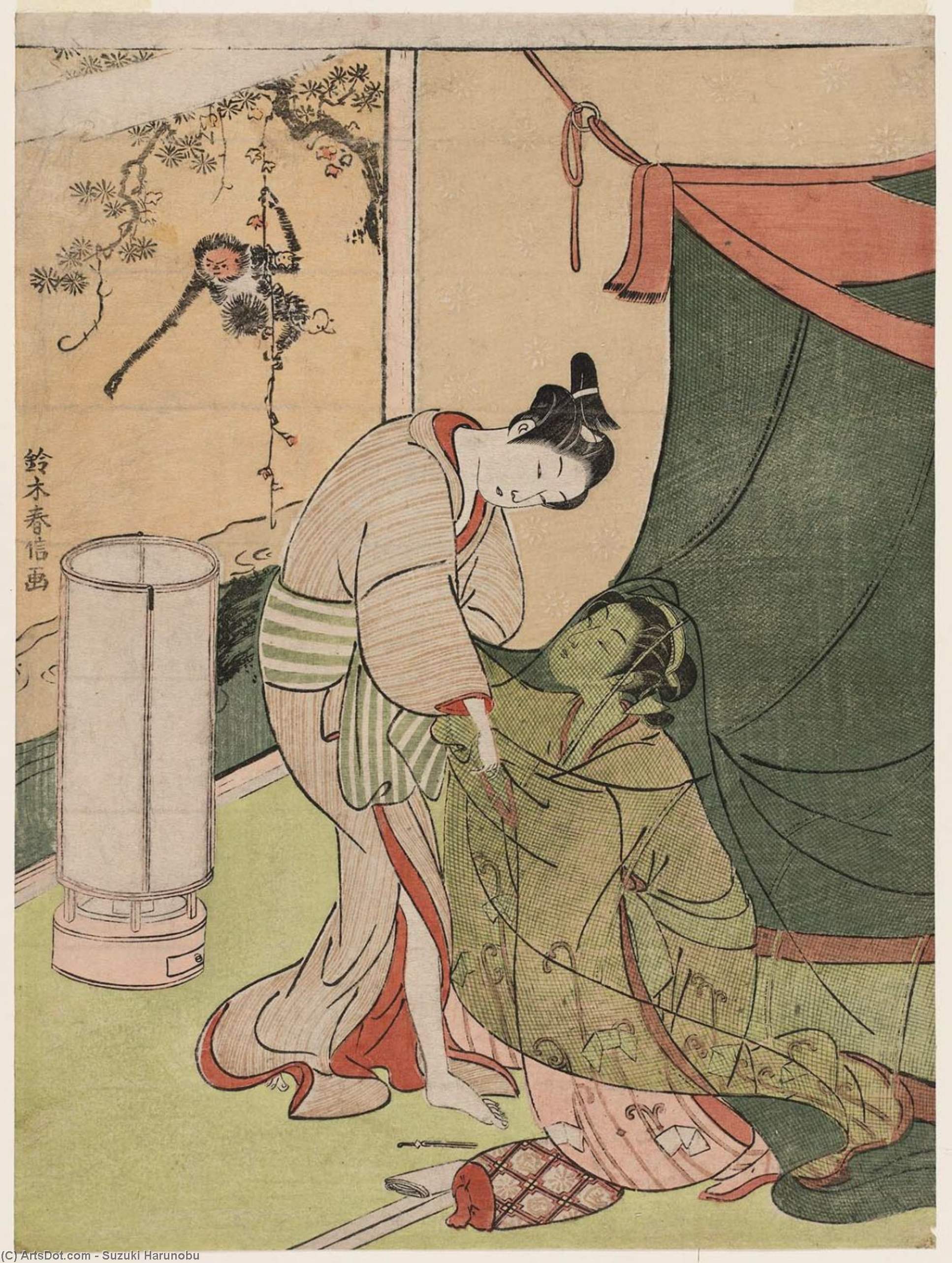 Wikioo.org – La Enciclopedia de las Bellas Artes - Pintura, Obras de arte de Suzuki Harunobu - Lovers' el abrazo de despedida a través de una Mosquito Neto