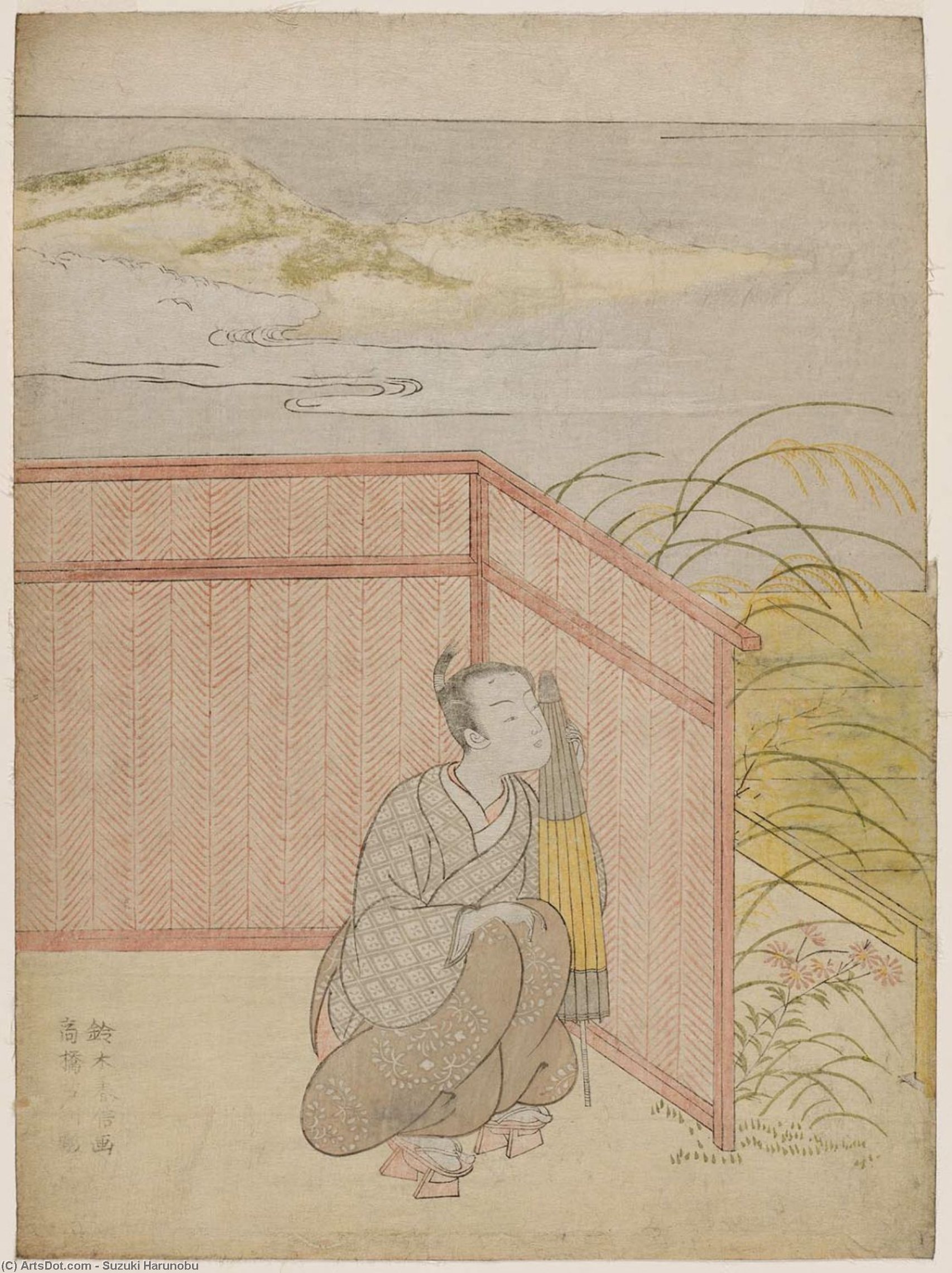 Wikioo.org - สารานุกรมวิจิตรศิลป์ - จิตรกรรม Suzuki Harunobu - Man Hiding Behind Fence