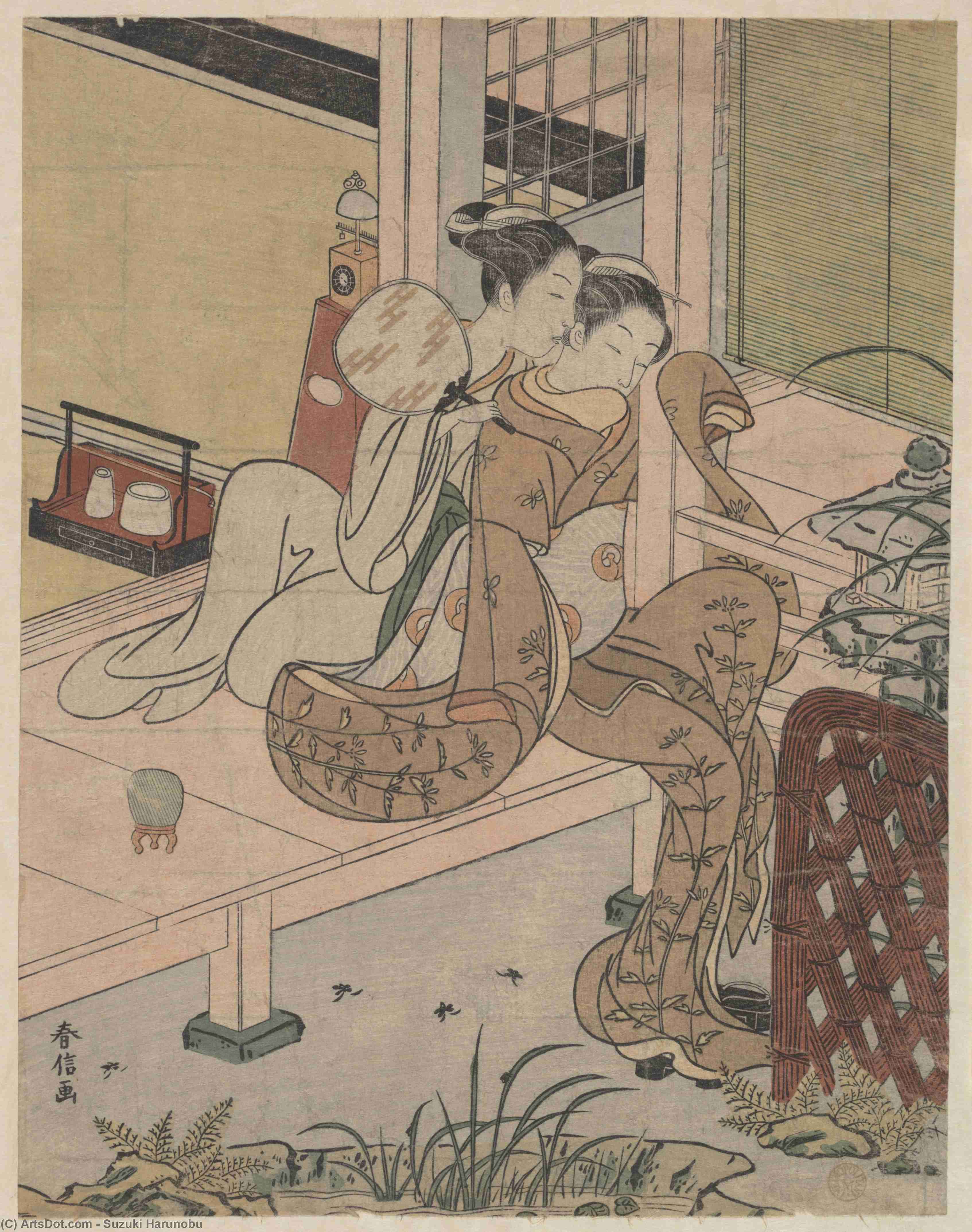 Wikioo.org - The Encyclopedia of Fine Arts - Painting, Artwork by Suzuki Harunobu - Night Rain At The Double-shelf Stand