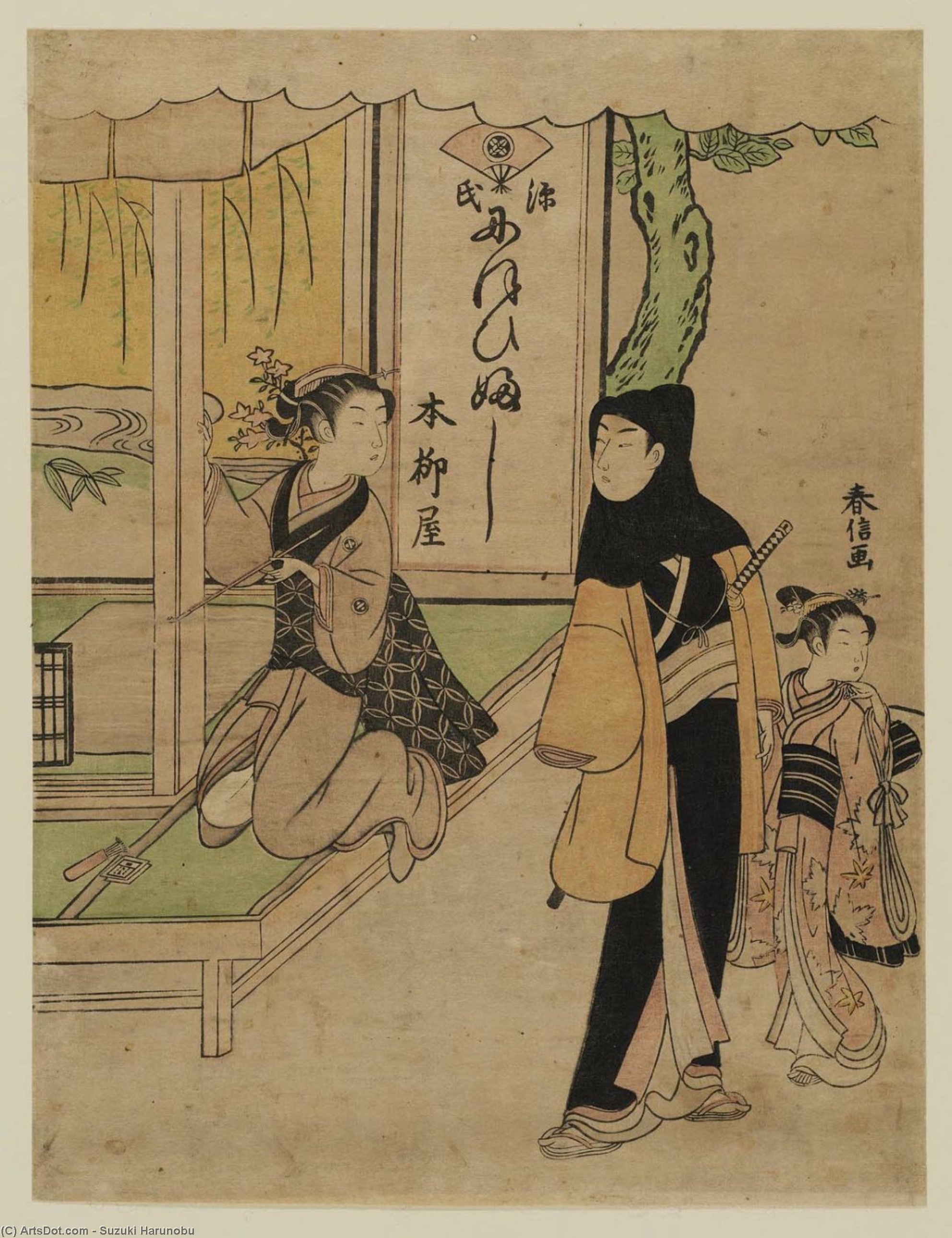 Wikioo.org – L'Encyclopédie des Beaux Arts - Peinture, Oeuvre de Suzuki Harunobu - Ofuji de l Yanagiya avec un jeune homme portant un Capuche