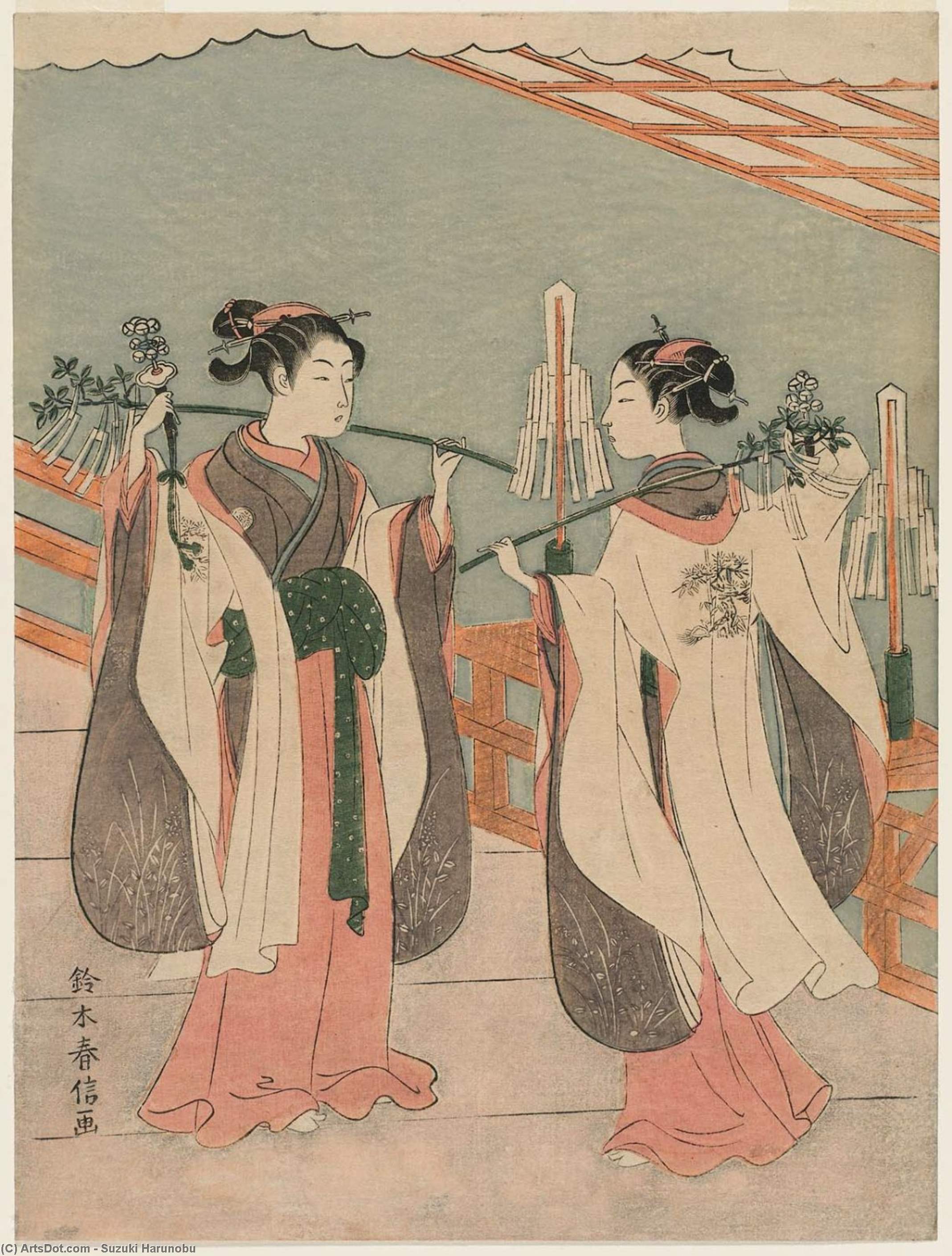 WikiOO.org - دایره المعارف هنرهای زیبا - نقاشی، آثار هنری Suzuki Harunobu - Onami And Ohatsu Dancing At The Yushima Tenjin Shrine