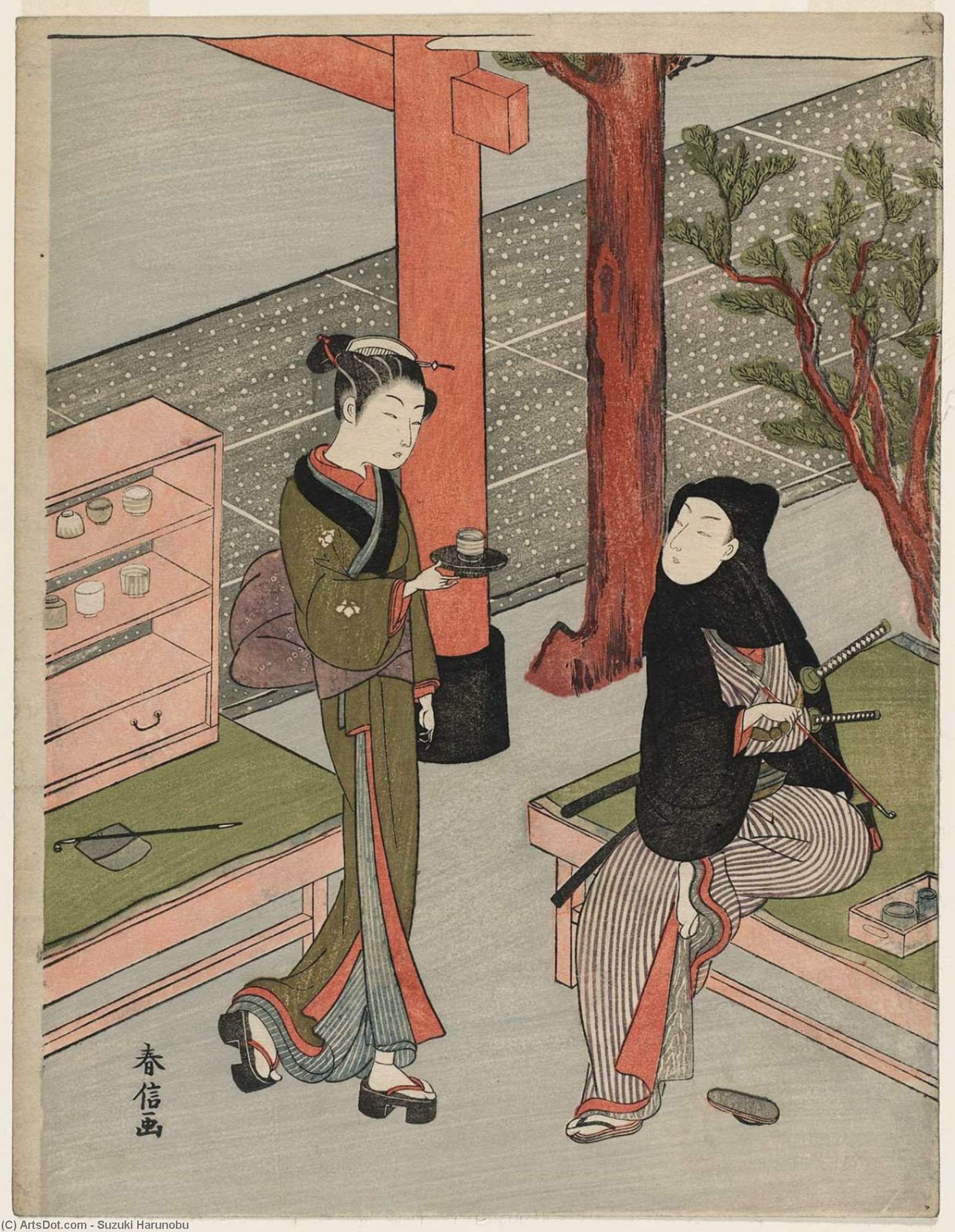 Wikioo.org - The Encyclopedia of Fine Arts - Painting, Artwork by Suzuki Harunobu - Osen Of The Kagiya And A Young Samurai In A Black Hood