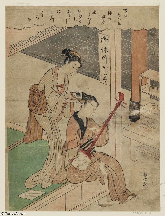 Wikioo.org - The Encyclopedia of Fine Arts - Painting, Artwork by Suzuki Harunobu - Osen Of The Kagiya Combing A Young Man's Hair