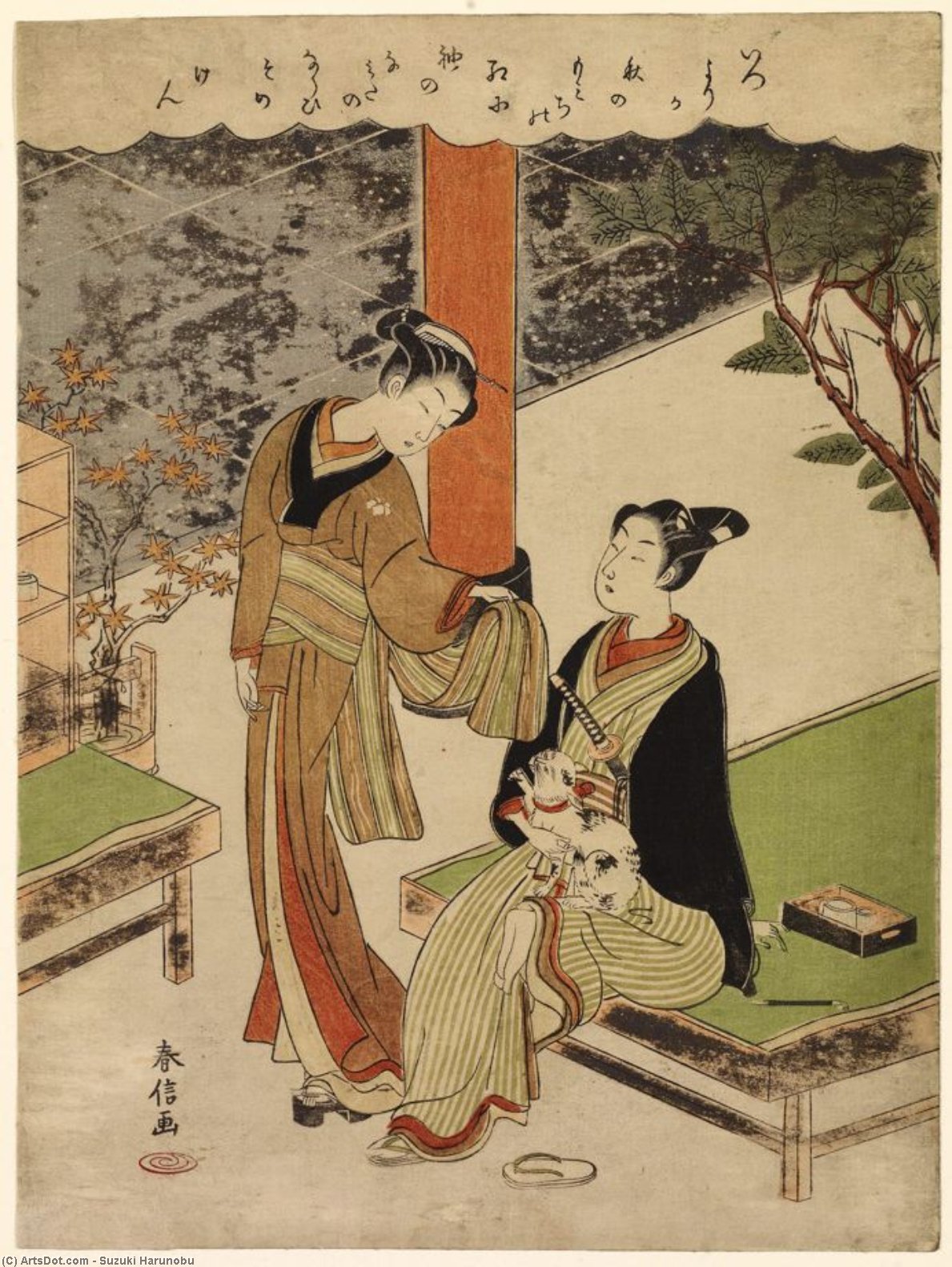 Wikioo.org - The Encyclopedia of Fine Arts - Painting, Artwork by Suzuki Harunobu - Osen Playing With A Cat Held