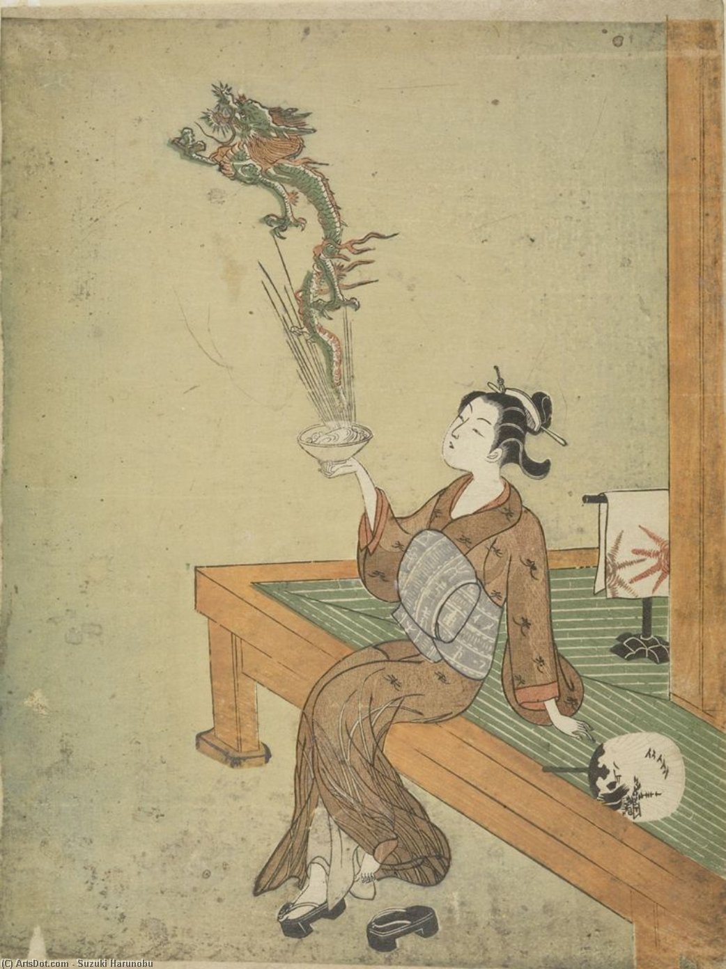 Wikioo.org - The Encyclopedia of Fine Arts - Painting, Artwork by Suzuki Harunobu - Parody With Young Girl As A Daoist Immortal Handaka Sonja Conjuring A Dragon From A Bowl