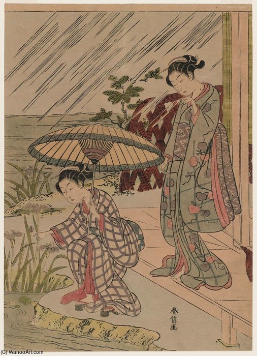 Wikioo.org - The Encyclopedia of Fine Arts - Painting, Artwork by Suzuki Harunobu - Picking Iris In The Rain