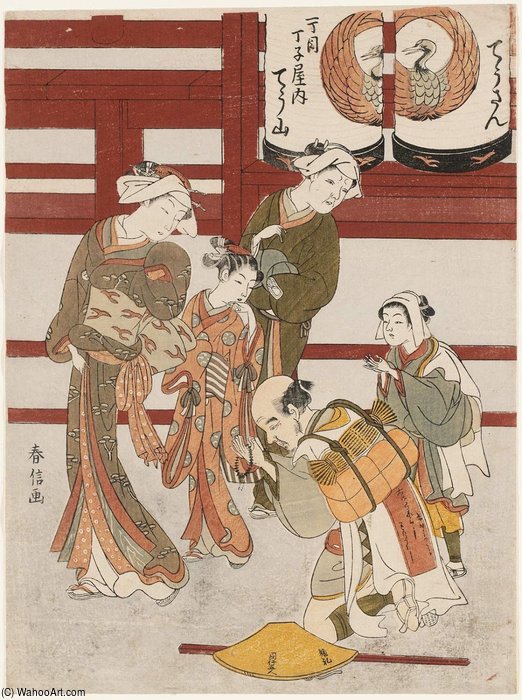 Wikioo.org - The Encyclopedia of Fine Arts - Painting, Artwork by Suzuki Harunobu - Pilgrims Bowing To Courtesan Chôzan Of The Chôjiya