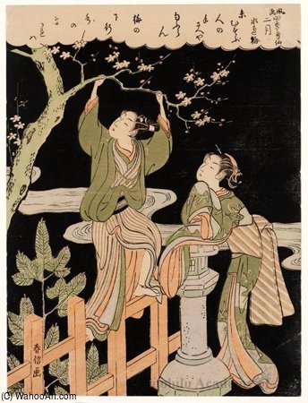 Wikioo.org – La Enciclopedia de las Bellas Artes - Pintura, Obras de arte de Suzuki Harunobu - Segundo Árbol Mes -plum En el borde del agua