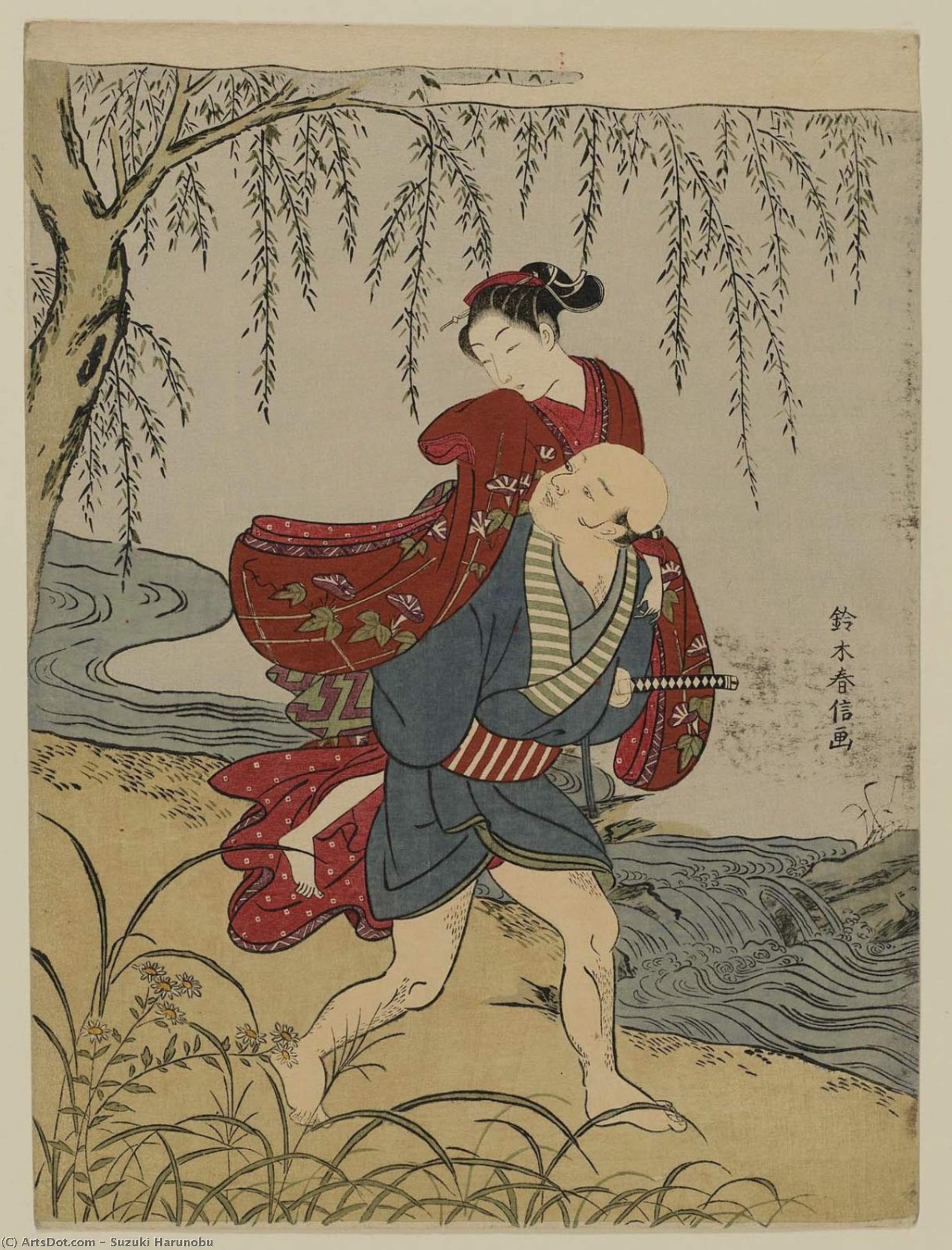 WikiOO.org - Encyclopedia of Fine Arts - Maleri, Artwork Suzuki Harunobu - Servant Carrying A Young Woman On His Back