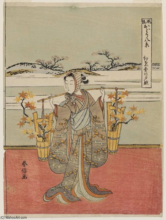 Wikioo.org - The Encyclopedia of Fine Arts - Painting, Artwork by Suzuki Harunobu - Sunset Glow Of The Maple-leaf Seller