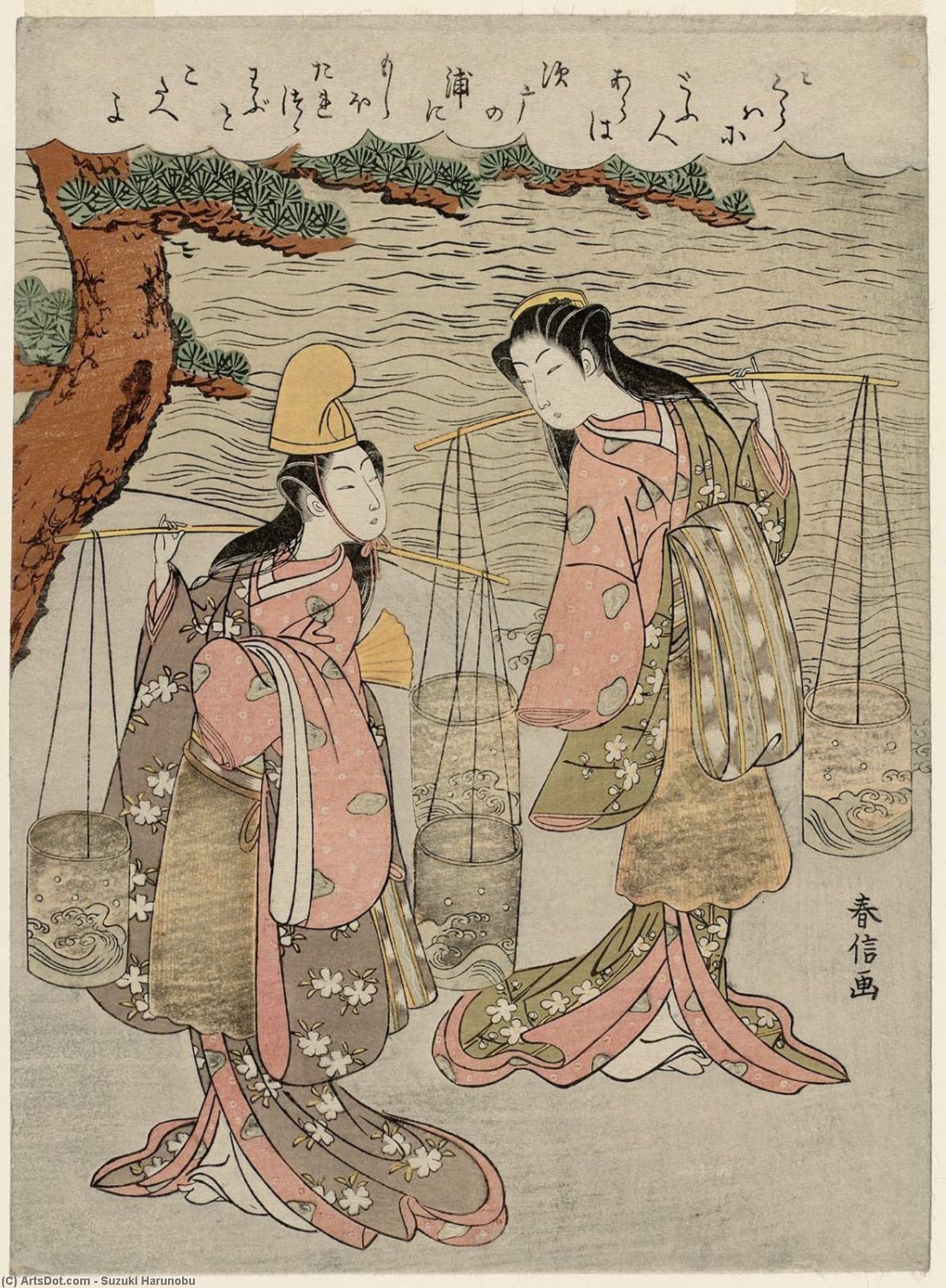 Wikioo.org - สารานุกรมวิจิตรศิลป์ - จิตรกรรม Suzuki Harunobu - The Brine Maidens Matsukaze And Murasame On Suma Beach