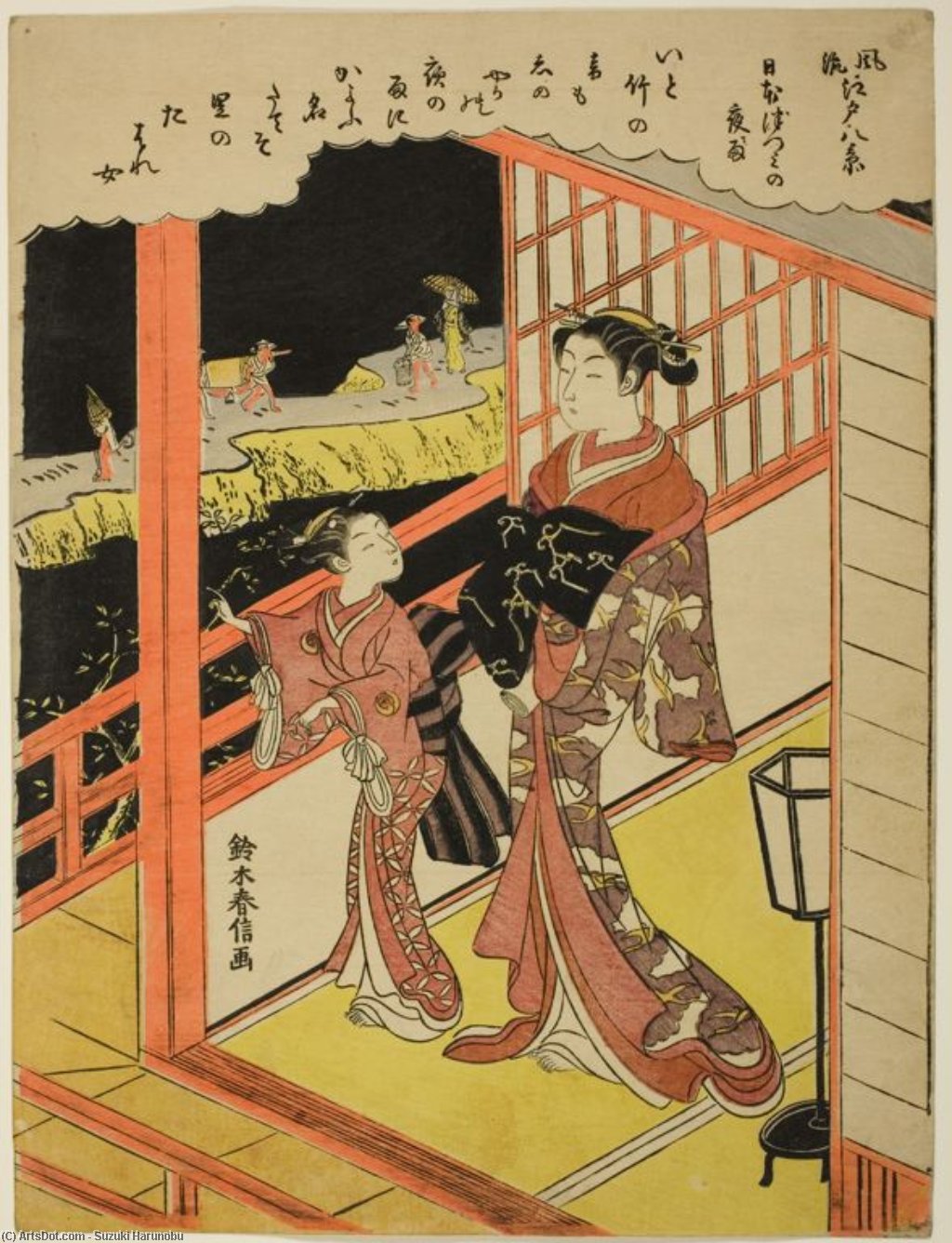 Wikioo.org - The Encyclopedia of Fine Arts - Painting, Artwork by Suzuki Harunobu - The Evening Rain At Nihonzutsumi