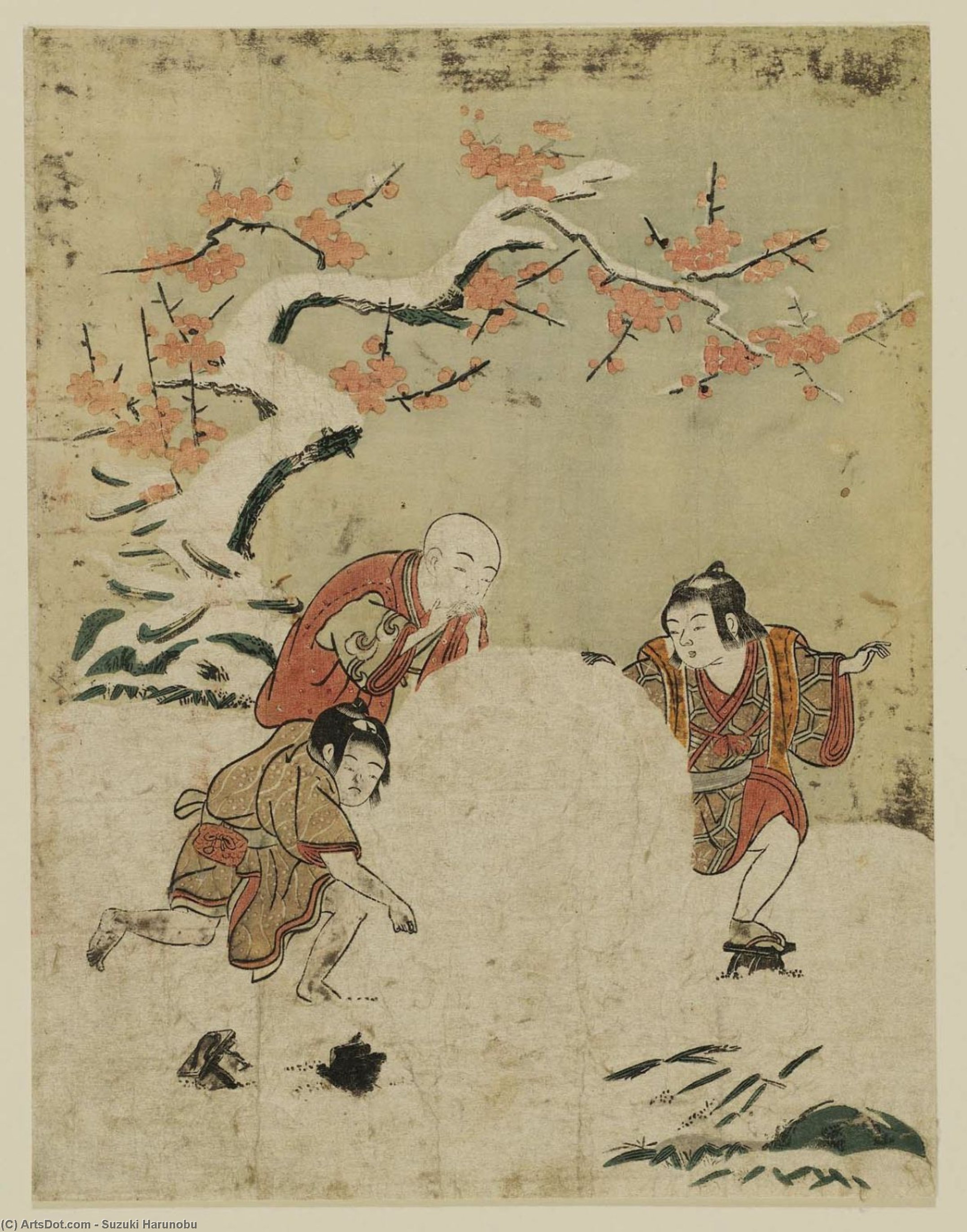 Wikioo.org - The Encyclopedia of Fine Arts - Painting, Artwork by Suzuki Harunobu - Three Boys With A Giant Snowball