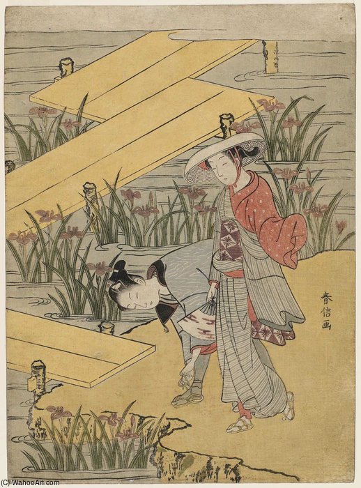 Wikioo.org - The Encyclopedia of Fine Arts - Painting, Artwork by Suzuki Harunobu - Travellers At Yatsuhashi