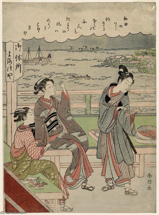 Wikioo.org - The Encyclopedia of Fine Arts - Painting, Artwork by Suzuki Harunobu - Travellers Resting At The Yorozuya Teahouse