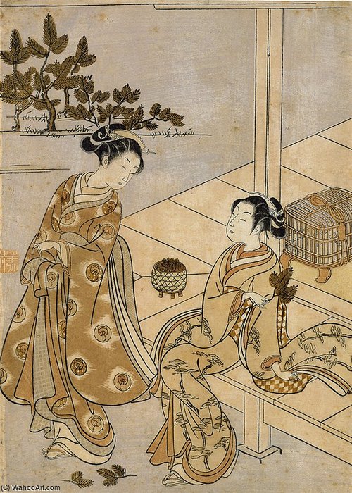 Wikoo.org - موسوعة الفنون الجميلة - اللوحة، العمل الفني Suzuki Harunobu - Two Girls And Pine Needles