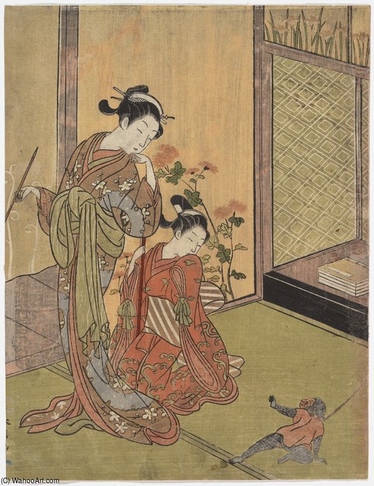 Wikioo.org - The Encyclopedia of Fine Arts - Painting, Artwork by Suzuki Harunobu - Two Girls Looking At A Monkey On A Leash