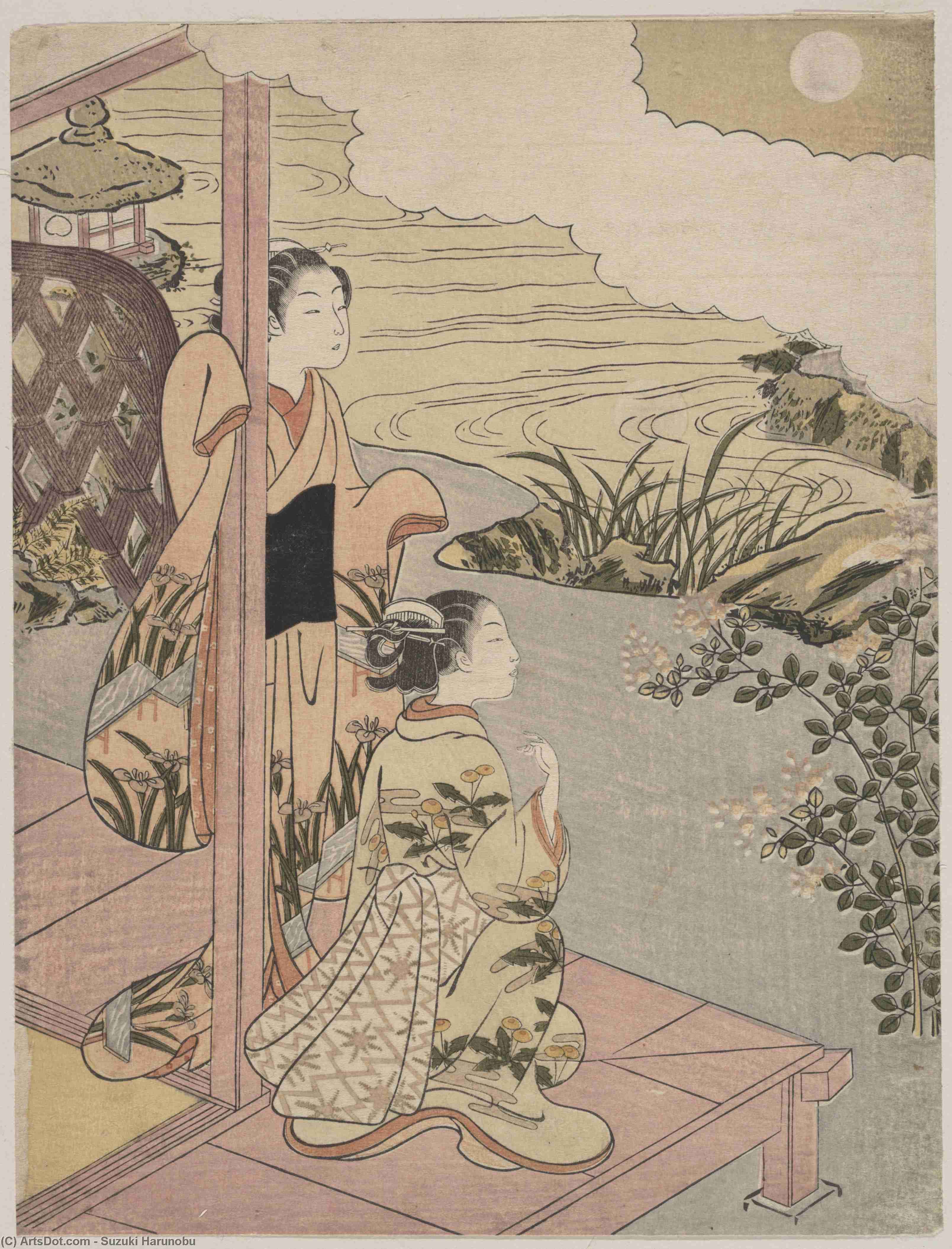 Wikioo.org - The Encyclopedia of Fine Arts - Painting, Artwork by Suzuki Harunobu - Two Girls On A Veranda Beside A Stream With The Moon