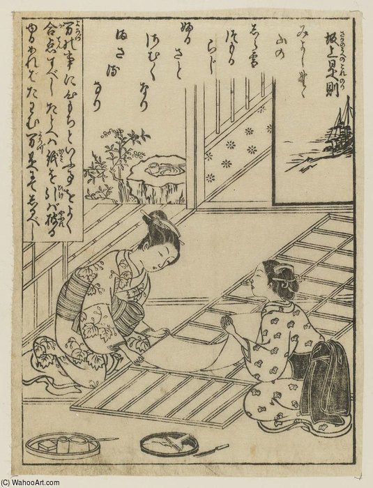 Wikioo.org - The Encyclopedia of Fine Arts - Painting, Artwork by Suzuki Harunobu - Two Girls Papering A Shoji