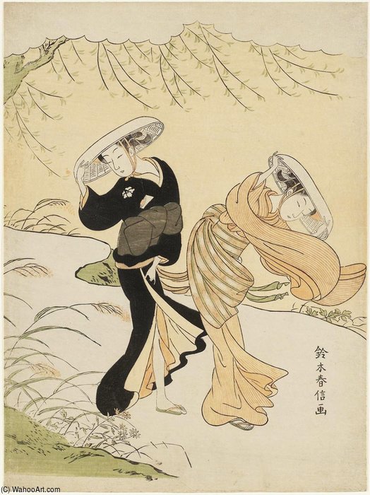 WikiOO.org - אנציקלופדיה לאמנויות יפות - ציור, יצירות אמנות Suzuki Harunobu - Two Girls Walking On A Windy Day