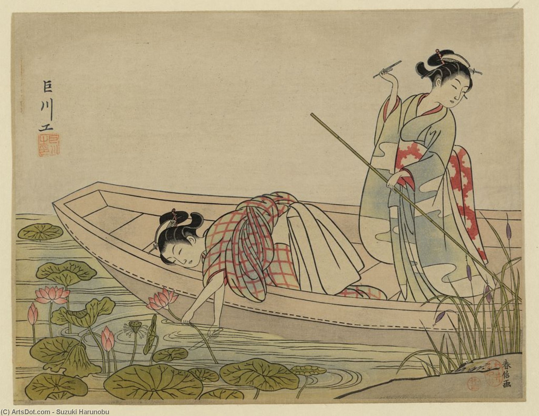 Wikioo.org - The Encyclopedia of Fine Arts - Painting, Artwork by Suzuki Harunobu - Two Women Gathering Lotus Blossoms