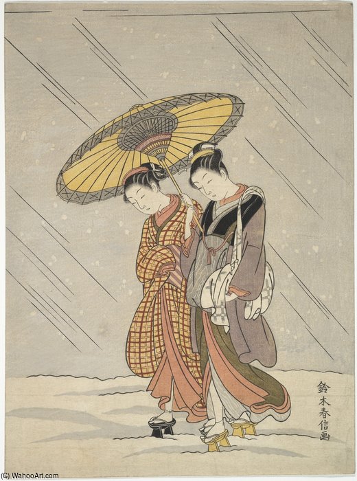 WikiOO.org - Εγκυκλοπαίδεια Καλών Τεχνών - Ζωγραφική, έργα τέχνης Suzuki Harunobu - Two Women In A Storm